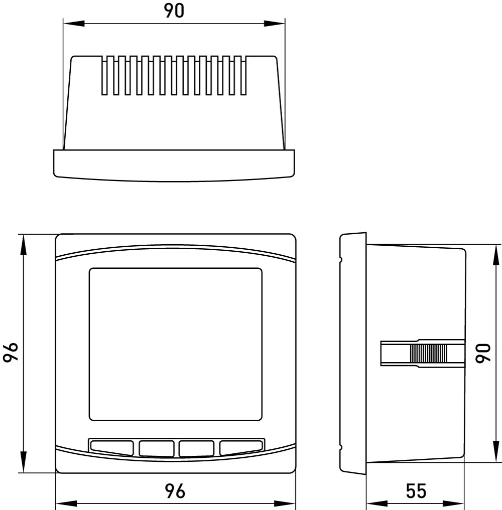 Аналізатор параметрів мережі e.meter.pro.96.m.lcd 96х96мм, АС 230В, 5А, 0-450В, RS-485 - габаритні розміри