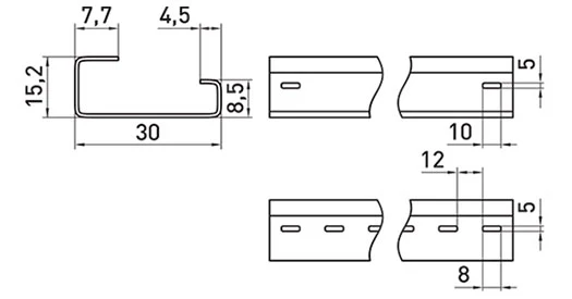 DIN-рейка e.din.stand.rail.301, G-подібна, перфорована, 1м, глибина 15мм, товщина 1,5мм - габаритні розміри