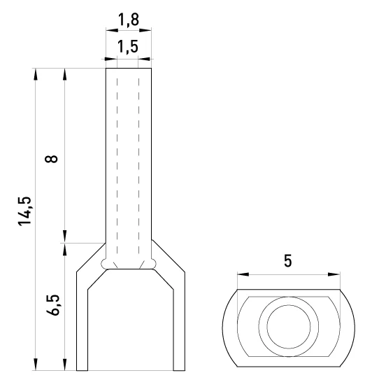 Ізольований наконечник e.terminal.stand.te.2.0.5.white (TE0508 white) 2x0,5  кв.мм, білий, 100шт - габаритні розміри
