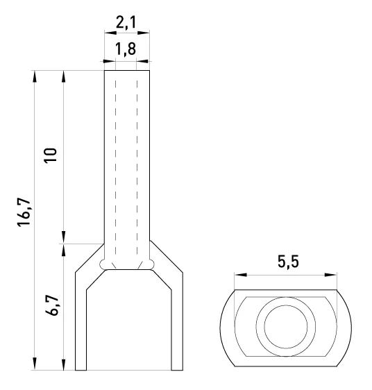 Ізольований наконечник e.terminal.stand.te.2.0.75.blue (TE7510 blue) 2x0,75  кв.мм, блакитний, 100шт - габаритні розміри