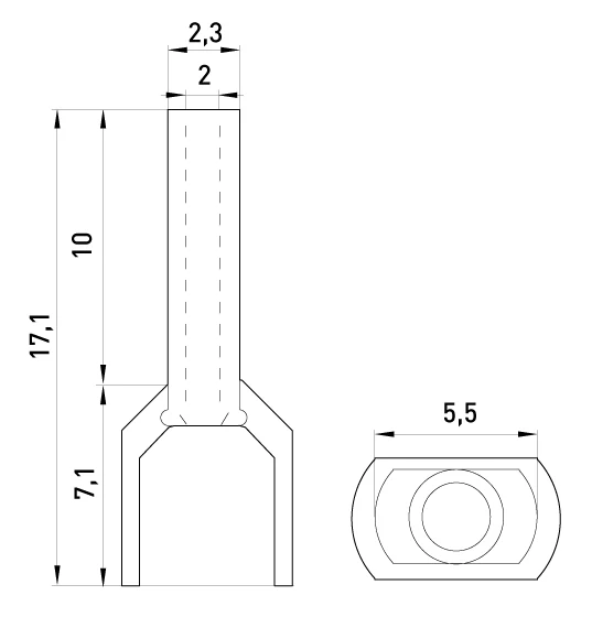 Ізольований наконечник e.terminal.stand.te.2.1.red (TE1010 red) 2x1  кв.мм, червоний, 100шт - габаритні розміри