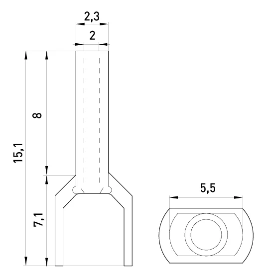 Ізольований наконечник e.terminal.stand.te.2.1.white (TE1008 white) 2x1  кв.мм, білий, 100шт - габаритні розміри