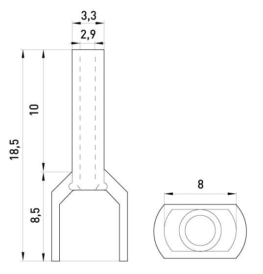 Ізольований наконечник e.terminal.stand.te.2.2.5.red (TE2510 red) 2x2,5  кв.мм, червоний, 100шт - габаритні розміри