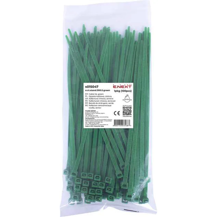 Кабельна стяжка e.ct.stand.300.5.green (100шт), зелена