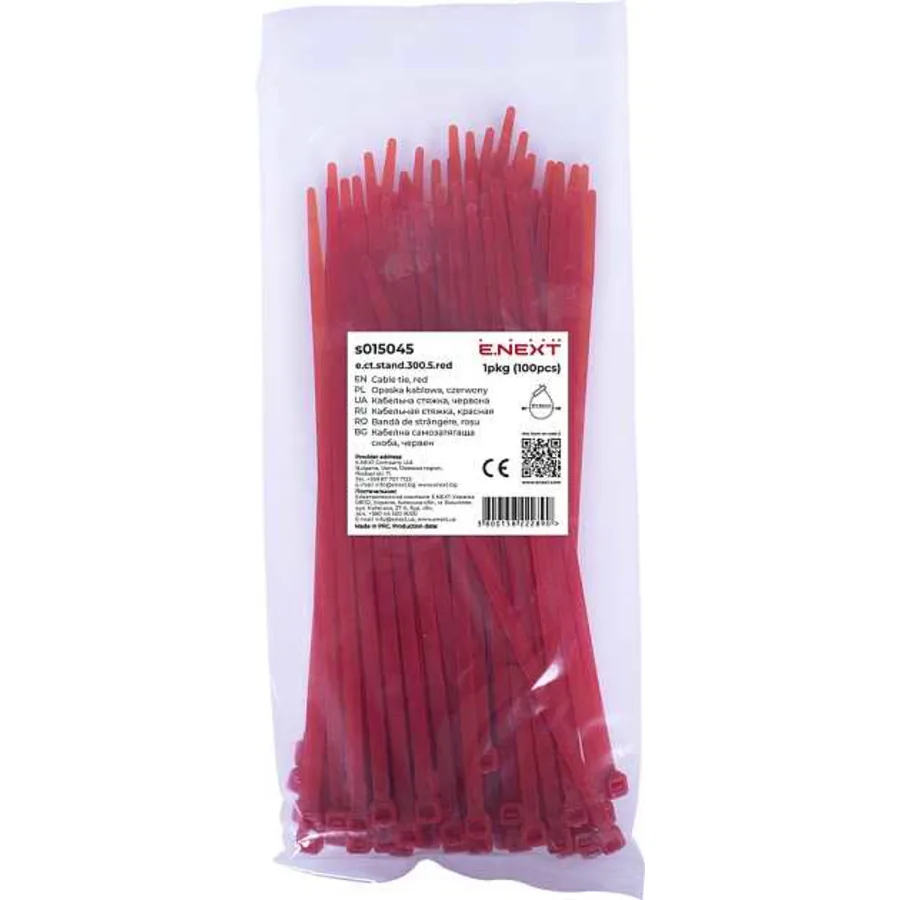 Кабельна стяжка e.ct.stand.300.5.red (100шт), червона