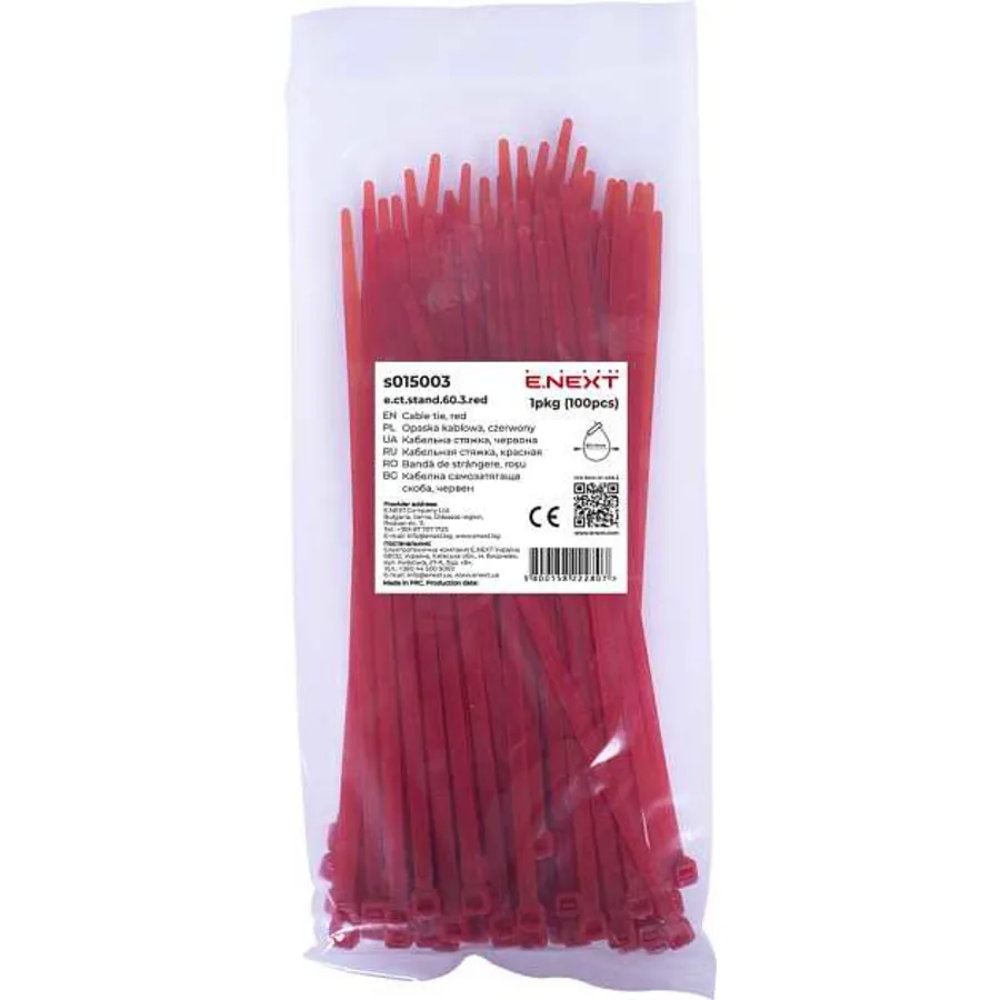 Кабельна стяжка e.ct.stand.60.3.red (100шт), червона