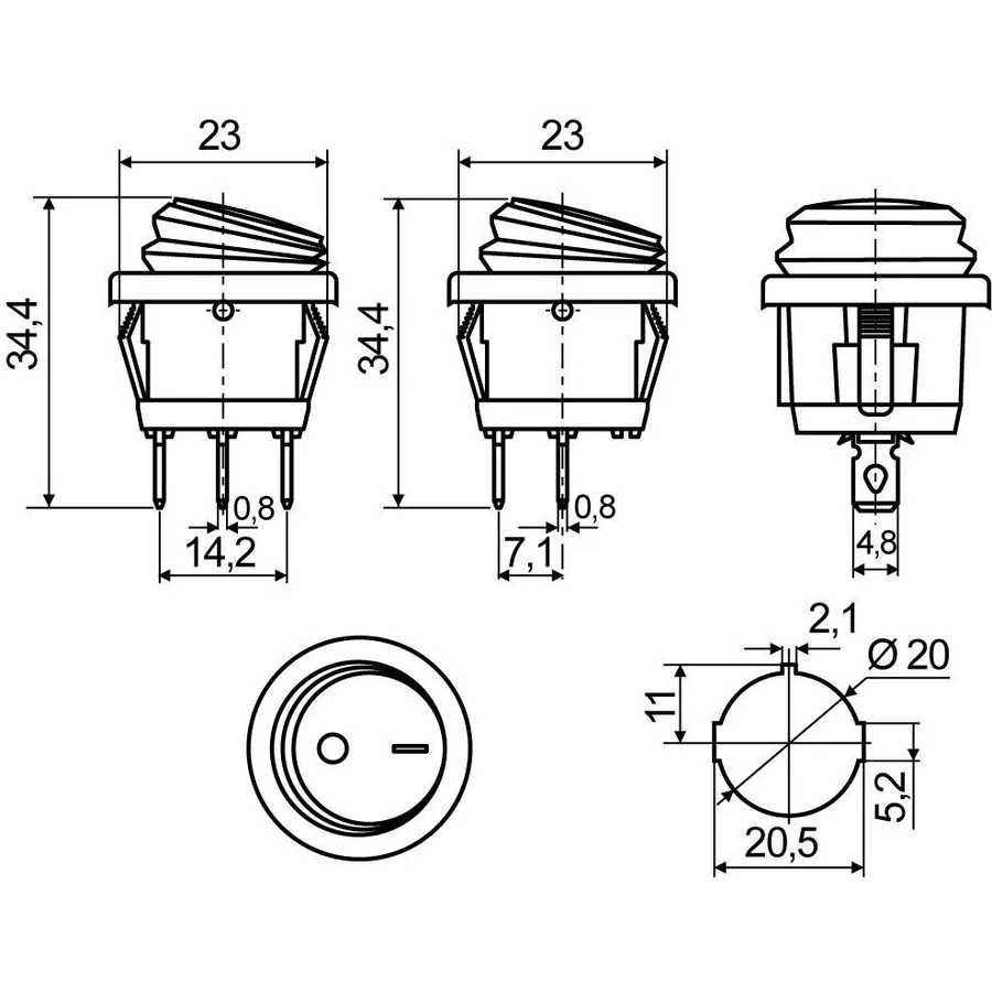 KCD1-5-101NW BL/B 220V Перемикач 1 клав.круглий вологозах. синій з підсвічуванням