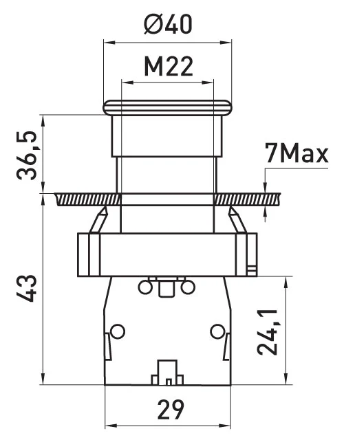 Кнопка "грибок" e.mb.bc42 без фіксації червона, 1NC - габаритні розміри