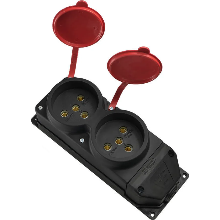Колодка каучукова 3Р+РЕ з захисними кришками двомісна (2×25А) IP44