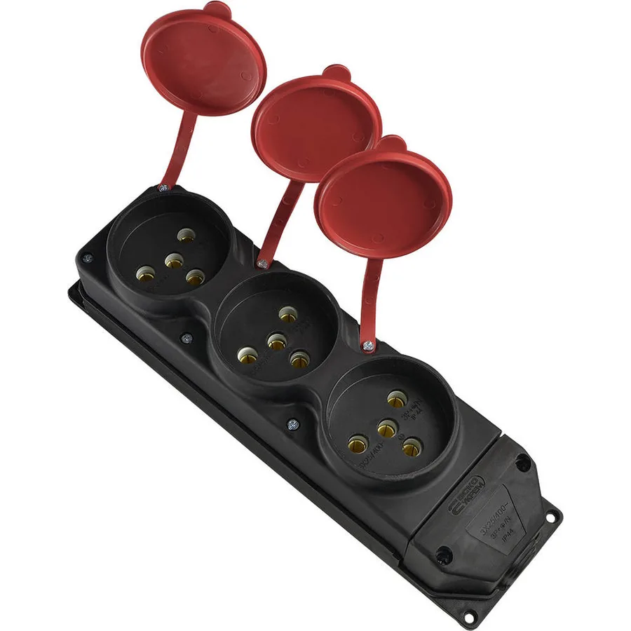 Колодка каучукова 3Р+РЕ з захисними кришками тримісна (3×25А) IP44