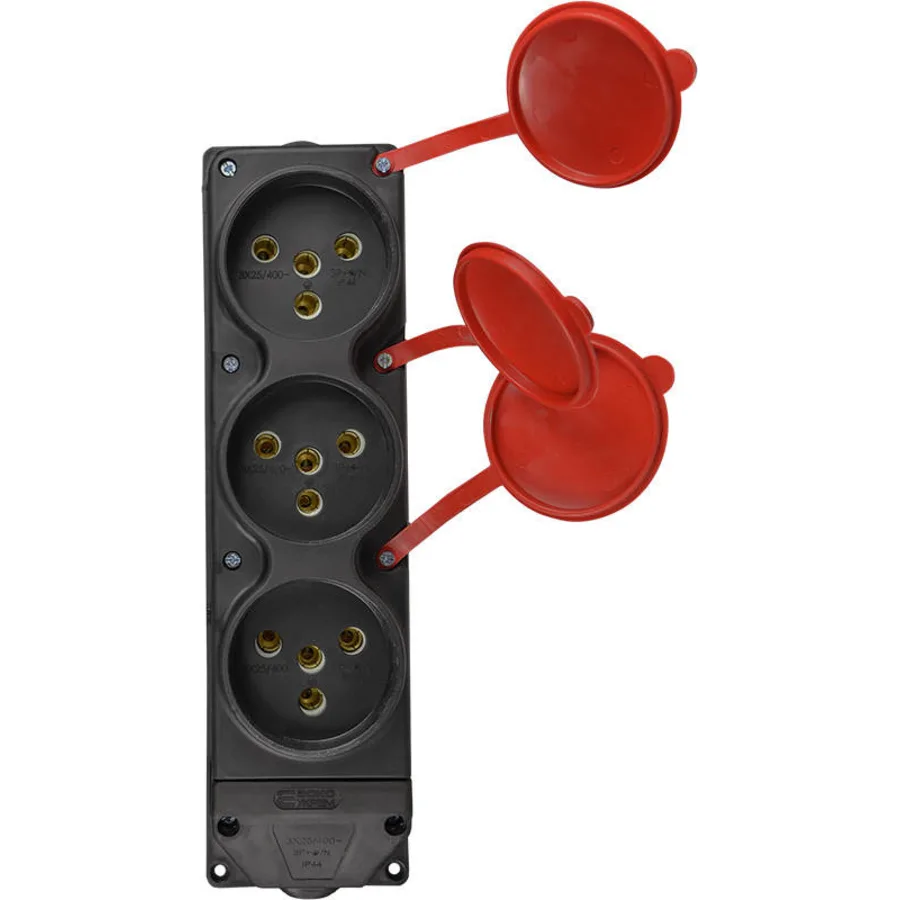 Колодка каучукова 3Р+РЕ з захисними кришками тримісна (3×25А) IP44