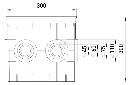 Колодязь кабельний пластиковий e.manhole.300.300.300.6.cover, 300х300х300мм, 6 виходів під трубу, з кришкою - габаритні розміри