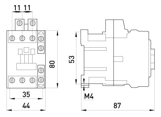 Контактор e.industrial.ukc.18.110, 18A, 110В, 1no+1nc - габаритні розміри