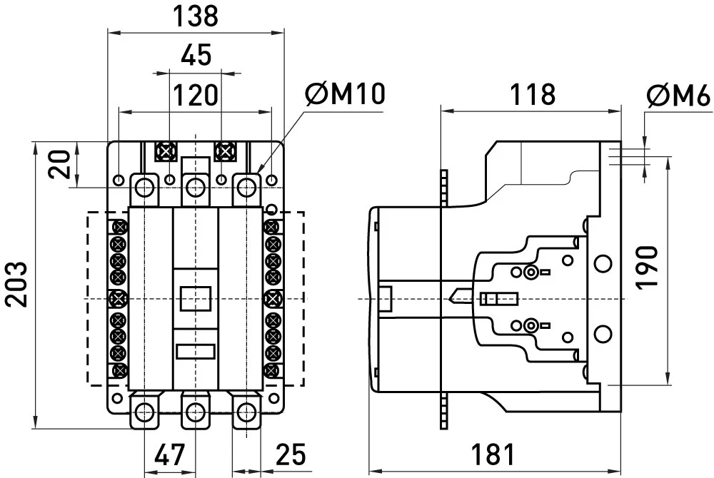 Контактор e.industrial.ukc.220.110, 220А, 110В,  1no+1nc - габаритні розміри