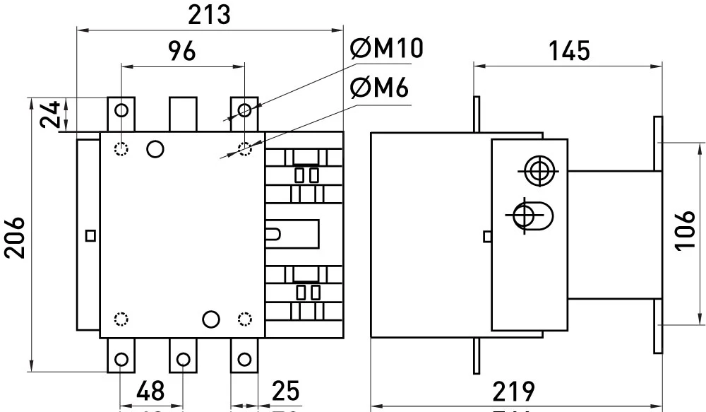 Контактор e.industrial.ukc.330.230, 330А, 230В, 1no - габаритні розміри