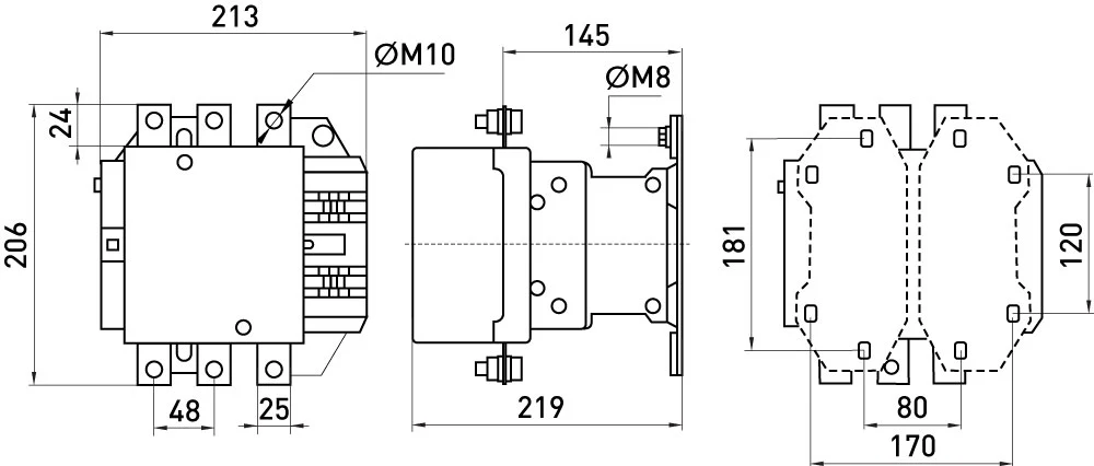Контактор e.industrial.ukc.400.220, 400А, 220В, no - габаритні розміри