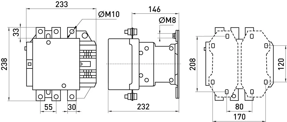 Контактор e.industrial.ukc.500.400, 500А, 400В, 1no - габаритні розміри
