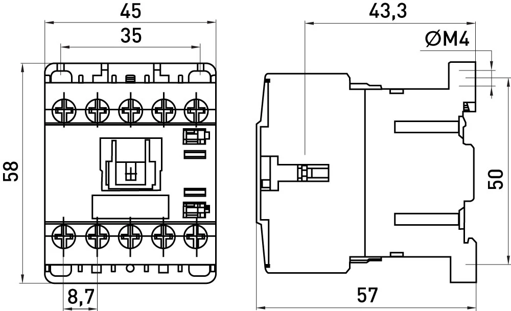 Контактор e.industrial.ukc.6M.220, 6А, 220В, no, малогабаритний - габаритні розміри