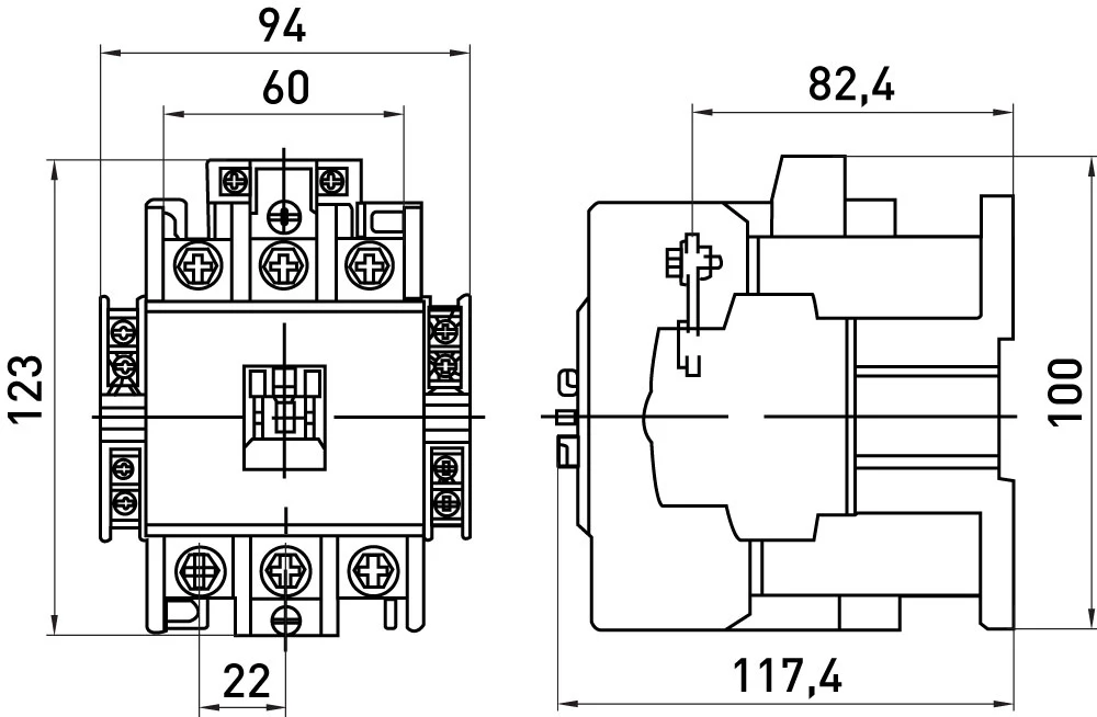 Контактор e.industrial.ukc.75.220, 75А, 220В, 3P, 1no+1nc - габаритні розміри
