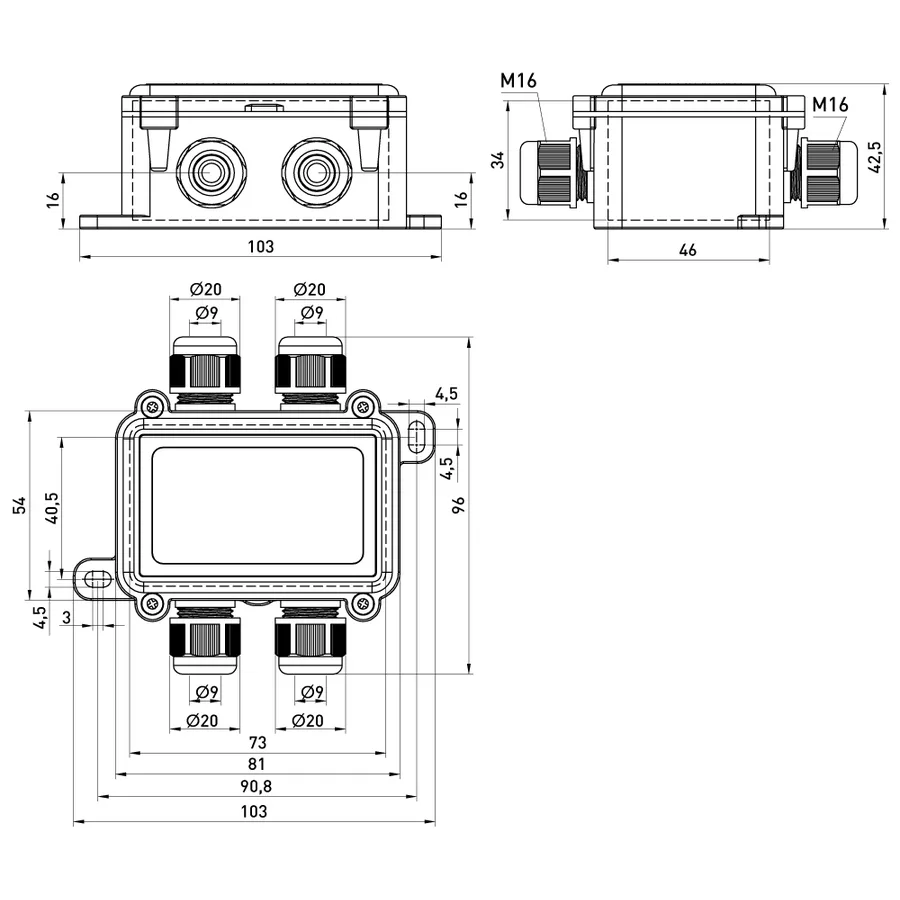 Коробка розподільча e.wdb.cnp723.4t.b з клемником, 103х96х42 мм, IP68