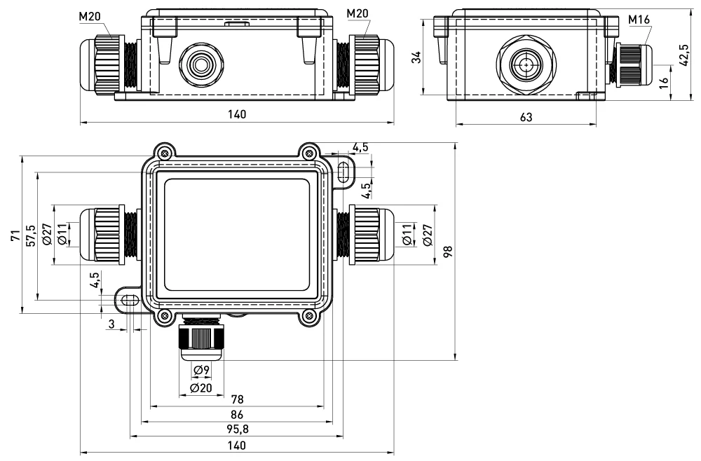Коробка розподільча e.wdb.cnp725.3t з клемником, 138х98х42 мм, IP68 - габаритні розміри
