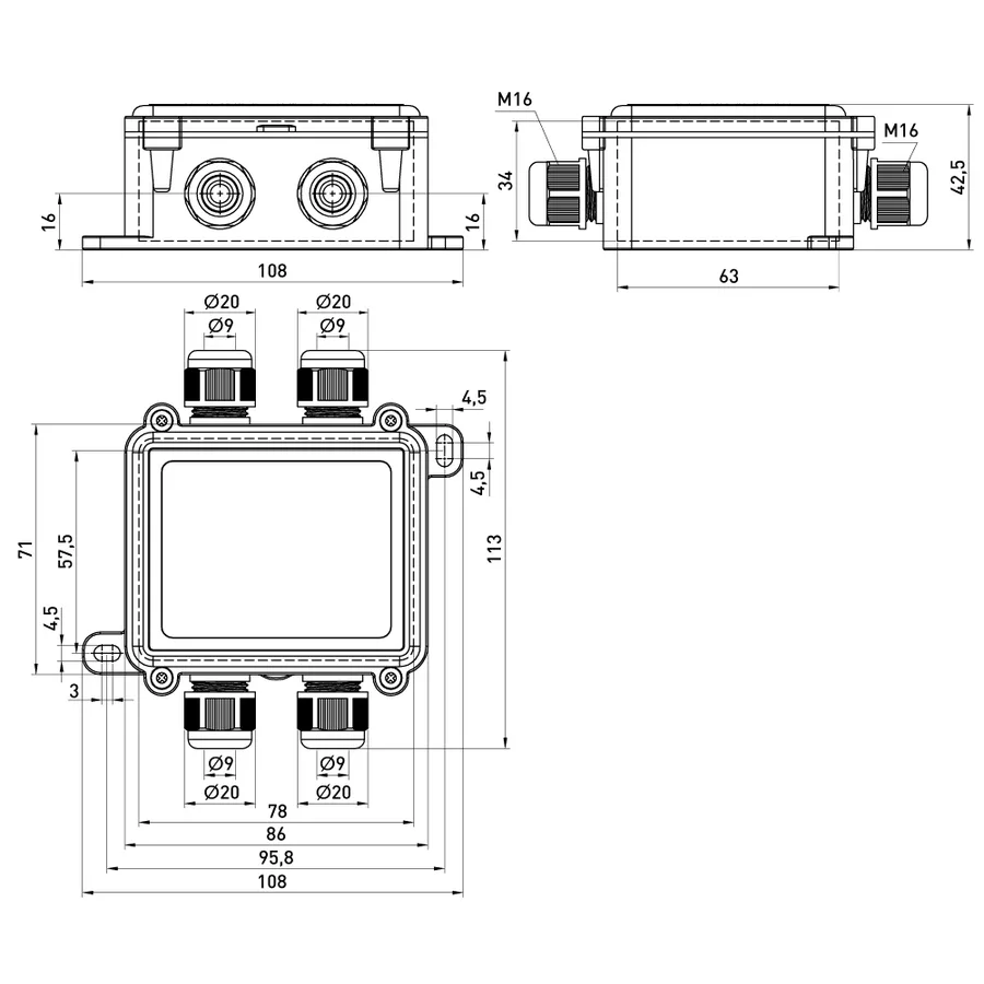 Коробка розподільча e.wdb.cnp725.4t.b з клемником, 108х111х42 мм, IP68