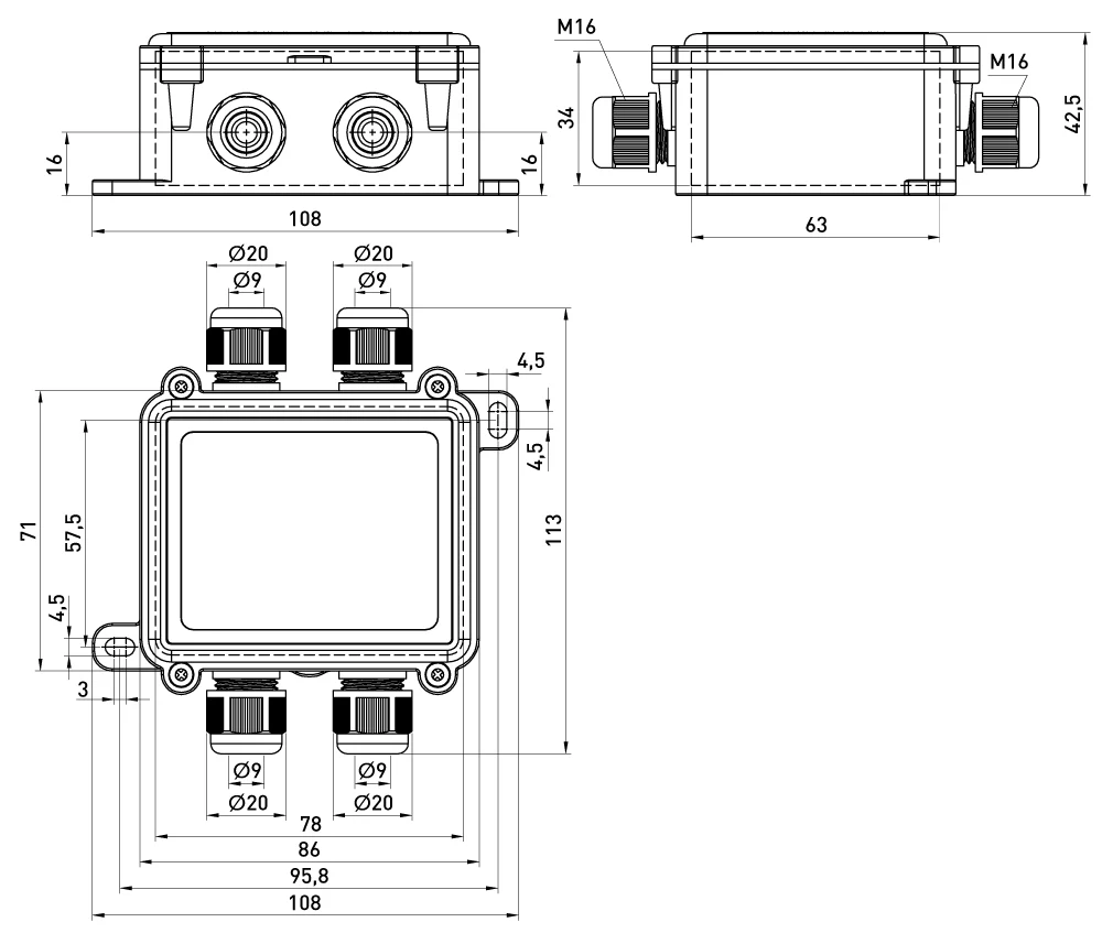 Коробка розподільча e.wdb.cnp725.4t.b з клемником, 108х111х42 мм, IP68 - габаритні розміри