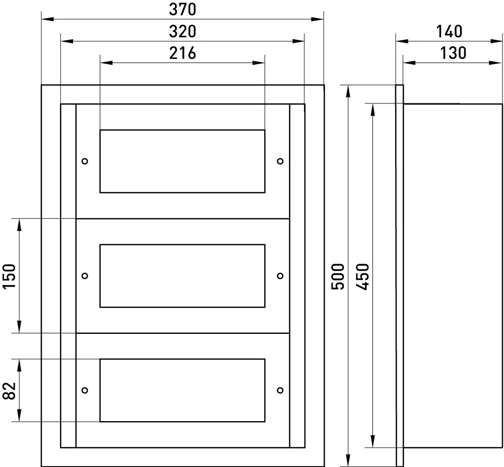 Корпус металевий e.mbox.industrial.w.36z IP41, що вбудовується, на 36 модулів - габаритні розміри