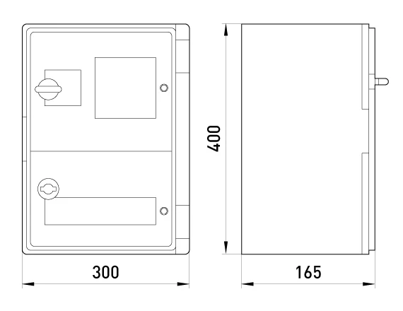 Корпус удароміцний з АБС-пластика e.plbox.300.400.165.1f.15m.blank, 300х400х165мм, IP65 з панеллю під 1- фазний лічильник та 15 модулів - габаритні розміри