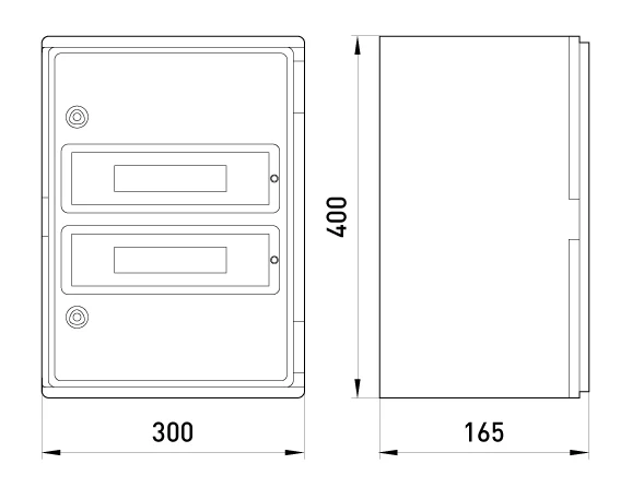 Корпус удароміцний з АБС-пластика e.plbox.300.400.165.24m.blank, 300х400х165мм, IP65 з панеллю під 24 модулі - габаритні розміри