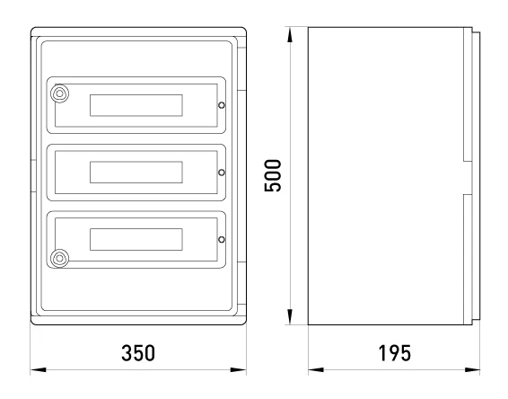 Корпус удароміцний з АБС-пластика e.plbox.350.500.195.45m.blank, 350х500х195мм, IP65 з панеллю під 45 модулів - габаритні розміри