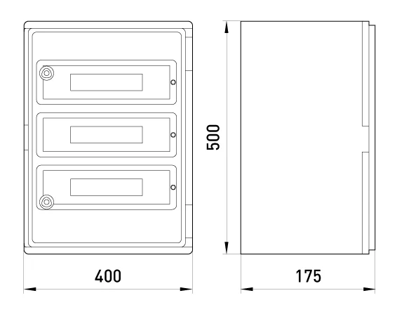 Корпус удароміцний з АБС-пластика e.plbox.400.500.175.54m.blank, 400х500х175мм, IP65 з панеллю під 54 модулі - габаритні розміри