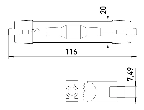 Лампа натрієва високого тиску e.lamp.hps.rx7s.70, патрон RX7s, 70 Вт - габаритні розміри