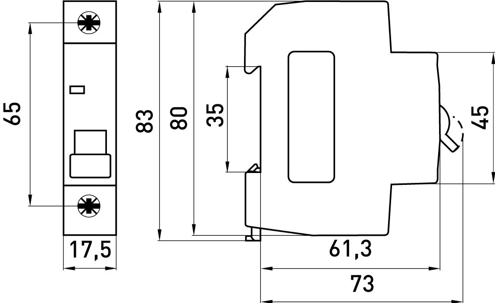 Модульний автоматичний вимикач e.mcb.stand.45.1.C6, 1р, 6А, C, 4,5 кА - габаритні розміри