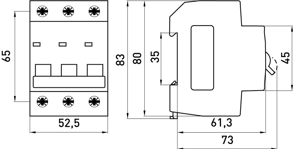 Модульний автоматичний вимикач e.mcb.stand.45.3.C6, 3р, 6А, C, 4,5 кА - габаритні розміри