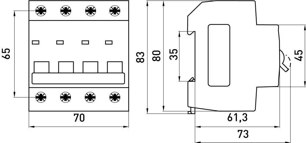 Модульний автоматичний вимикач e.mcb.stand.45.4.C32, 4р, 32А, C, 4,5 кА - габаритні розміри