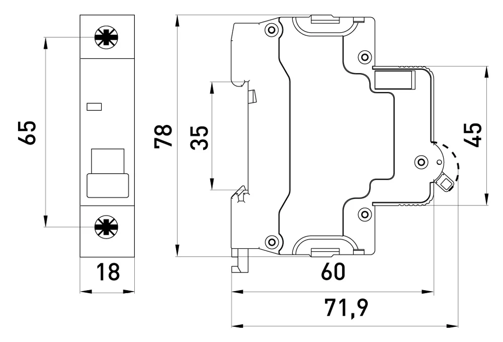Модульний автоматичний вимикач e.mcb.stand.60.DC.1.C63, 1р, 63А, C, 6кА, DC - габаритні розміри