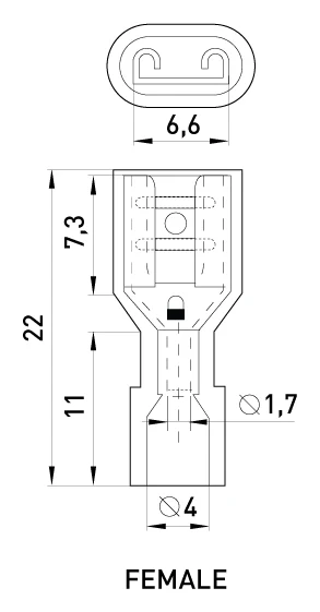 Наконечник-з'єднувач ізольований серії FN e.terminal.stand.fdfn1.25.250.red (fn.f.0,5.1,5) 0,5-1,5 кв.мм "мама", 100шт - габаритні розміри