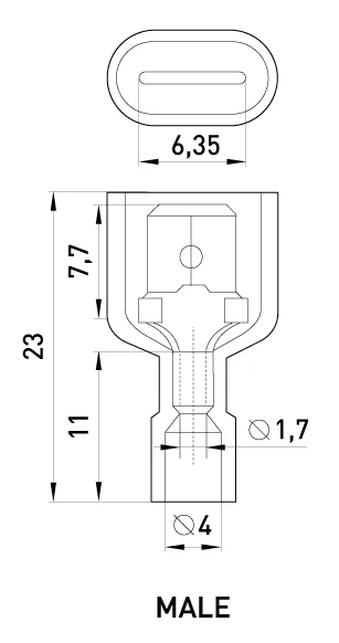 Наконечник-з'єднувач ізольований серії FN e.terminal.stand.mdfn1.25.250.red (fn.m.0,5.1,5) 0,5-1,5 кв.мм "папа", 100шт - габаритні розміри
