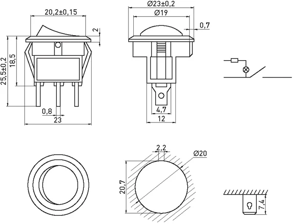 Перемикач клавішний e.switch.key.01, 3 pin, з індикацією - габаритні розміри