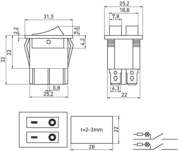 Перемикач клавішний e.switch.key.02, 6 pin, подвійний, з індикацією - габаритні розміри