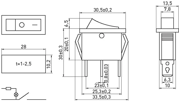 Перемикач клавішний e.switch.key.03, 3 pin, з індикацією - габаритні розміри