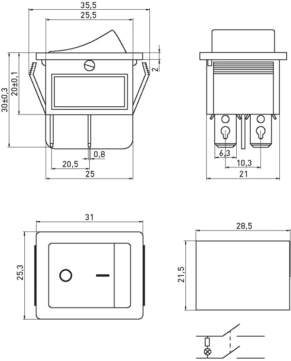 Перемикач клавішний e.switch.key.04, 4 pin, з індикацією - габаритні розміри