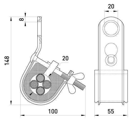 Підвісний затискач e.h.clamp.pro.16.35, 16-35 кв.мм, з затяжним болтом - габаритні розміри