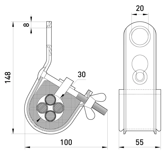 Підвісний затискач e.h.clamp.pro.50.95, 50-95 кв.мм, з затяжним болтом - габаритні розміри