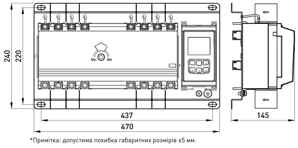Пристрій АВР e.industrial.ats.4.160, 4p, 160А - габаритні розміри