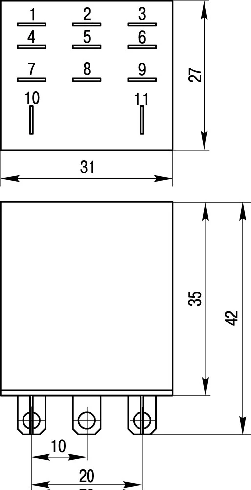 Реле проміжне e.control.p1036 10А, 3 групи контактів, котушка 230В АC - габаритні розміри