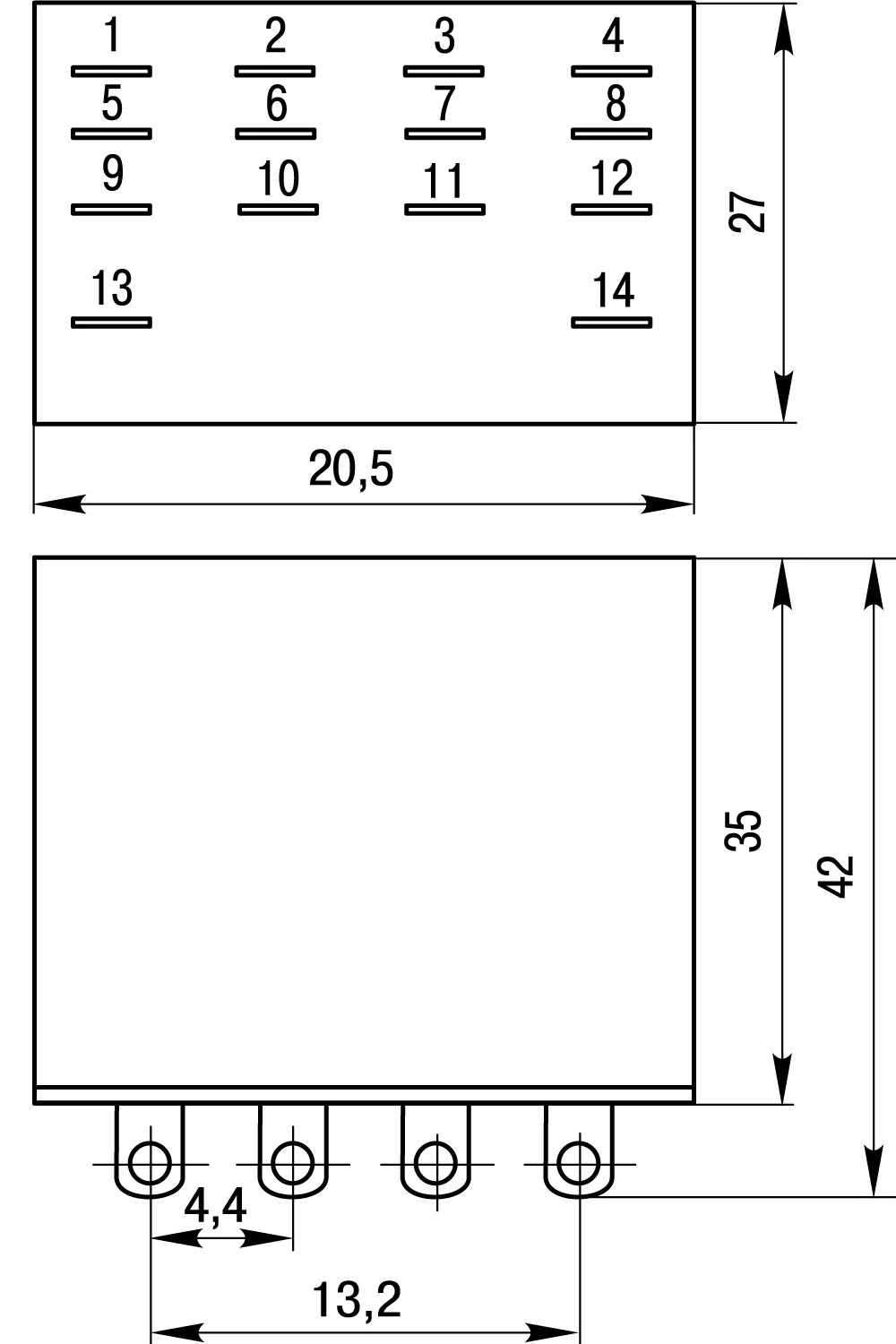 Реле проміжне e.control.p345 3А, 4 групи контактів, котушка 110В АC - габаритні розміри