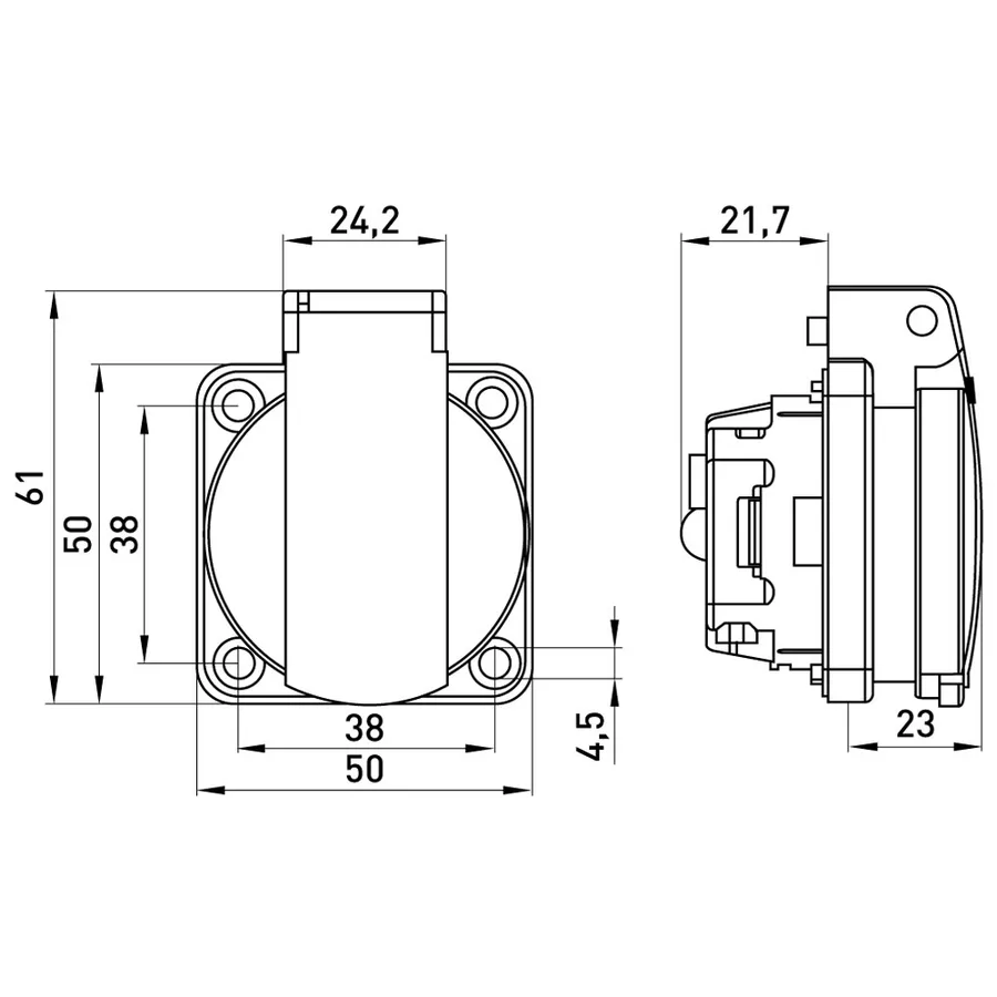 Силова розетка, що вбудовується e.socket.029.8.16,2Р+Z, 250В, 16А, IP44 Shuko
