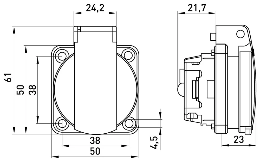 Силова розетка, що вбудовується e.socket.029.8.16,2Р+Z, 250В, 16А, IP44 Shuko - габаритні розміри